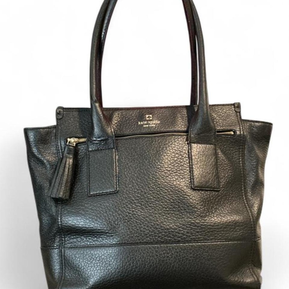 Kate Spade Tote Bag Womens Medium Black Pebbled Leather Fair Tassel Zip Pocket